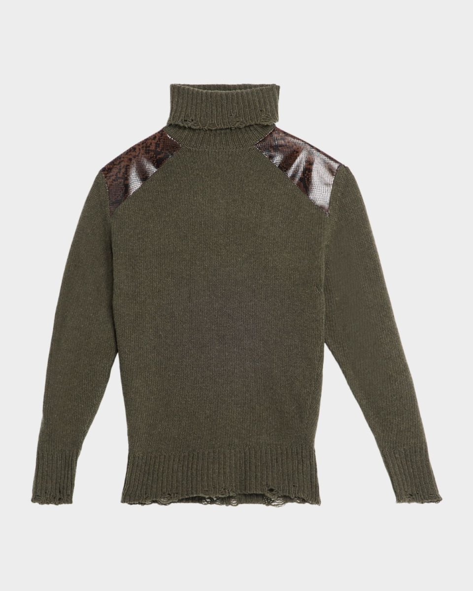 Snakeskin-Embossed Leather Patch Turtleneck Sweat